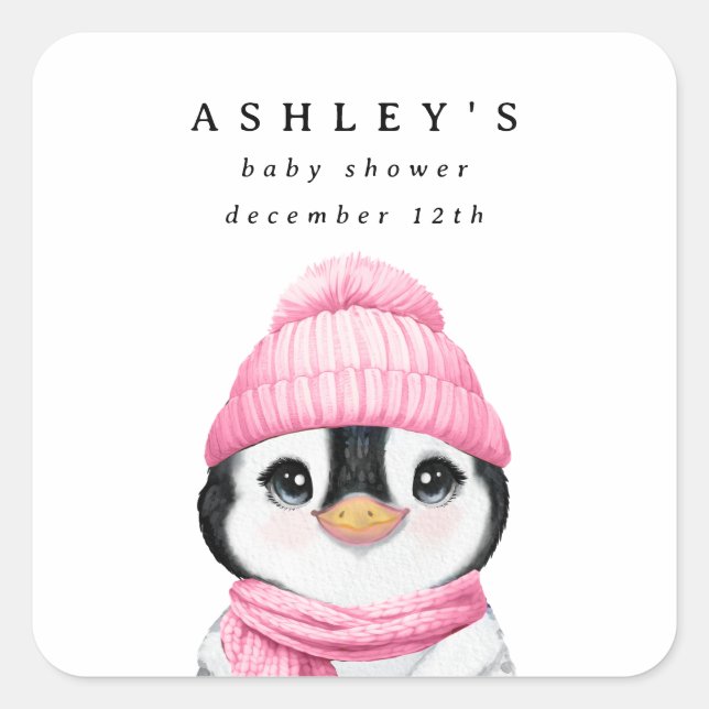 Pink Penguin Winter Baby Shower Square Sticker (Front)