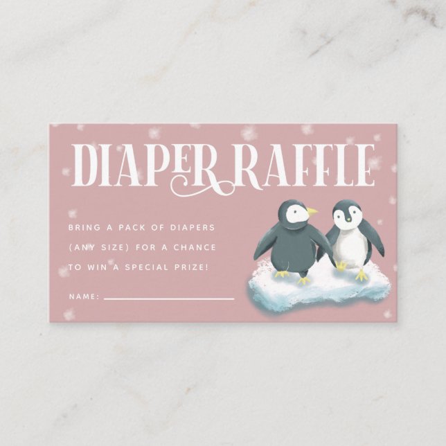 Pink Penguins Baby Shower Diaper Raffle Ticket Enclosure Card (Front)