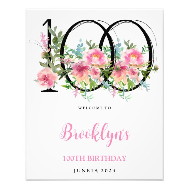Pink Peonies 100th Birthday Welcome  Photo Print (Front)