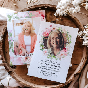 Pink Peonies 2-Photo Celebration of Life/Funeral Invitation
