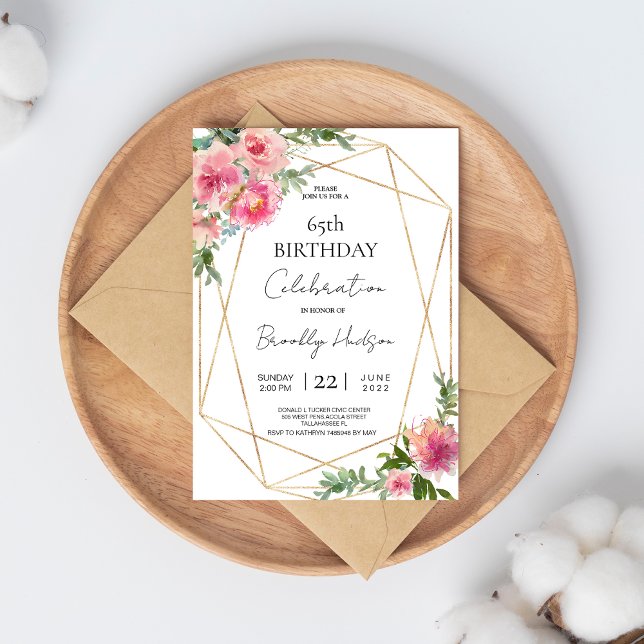 Pink Peonies 65th Birthday  Invitation (Creator Uploaded)