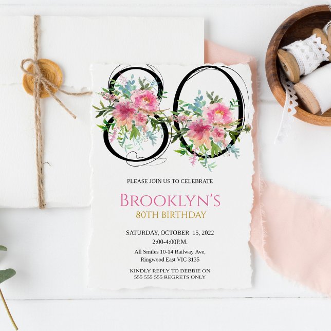 Pink Peonies 80th Birthday  Invitation (Creator Uploaded)