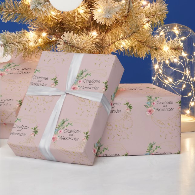 Pink Peonies & Abstract Gold Names on Dusty Pink Wrapping Paper (Holidays)