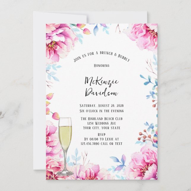 Pink Peonies Airy Floral Brunch and Bubbly Invitation (Front)