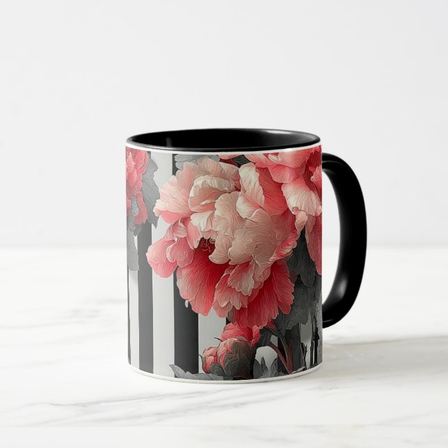 pink peonies and black and white stripes mug (Front Right)
