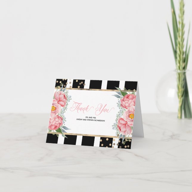 Pink Peonies and Black Stripes Elegant Thank You (Front)