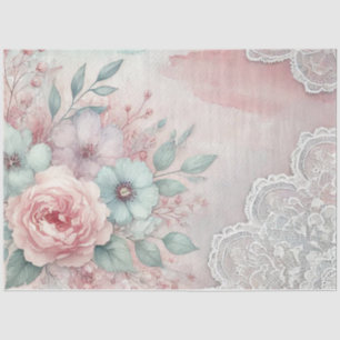Pink Peonies and Blue Flowers On Pink White Lace Tissue Paper