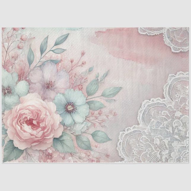 Pink Peonies and Blue Flowers On Pink White Lace Tissue Paper (Front)