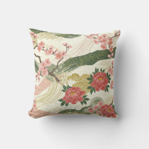 Pink peonies and cherry blossoms throw pillows