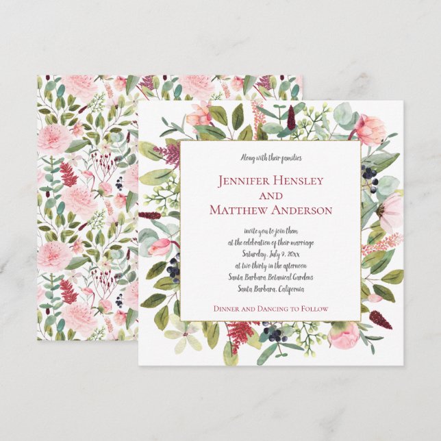 Pink Peonies and Eucalyptus Watercolor Floral Invitation (Front/Back)