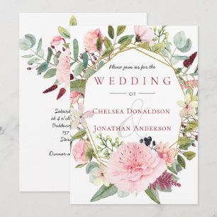 Pink Peonies and Eucalyptus Watercolor Geometric Invitation