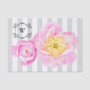 Pink Peonies and Grey Stripes Monogram Tissue Paper
