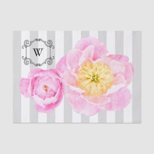 Pink Peonies and Grey Stripes Monogram Tissue Paper (Front)