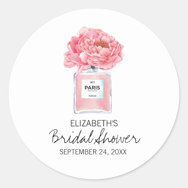 Pink Peonies and Perfume Floral Bridal Shower Classic Round Sticker (Front)