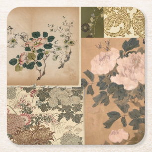 Pink Peonies and Roses Antique Art Square Paper Coaster