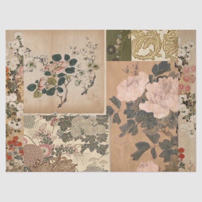 Pink Peonies and Roses Antique Art Tissue Paper (Front)