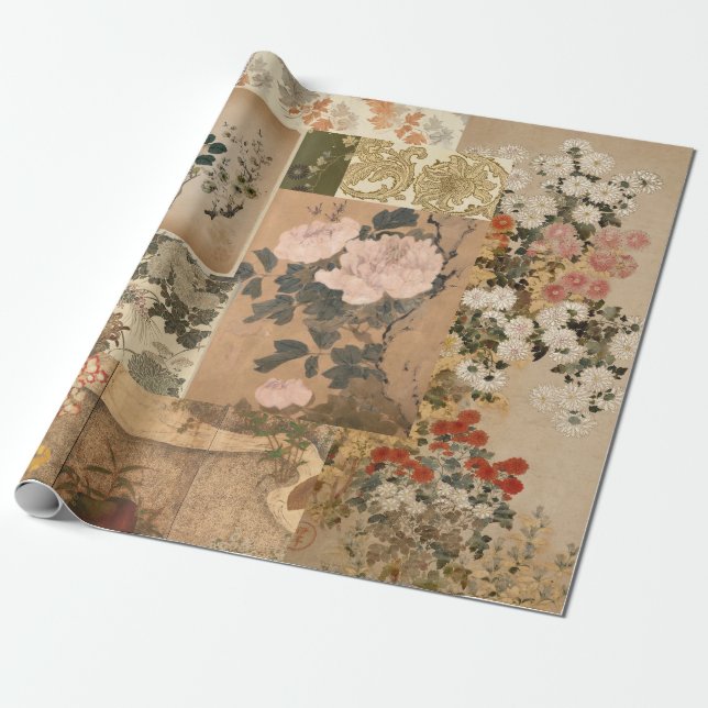Pink Peonies and Roses Antique Art Wrapping Paper (Unrolled)