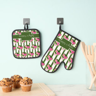Pink Peonies and Stripes Oven Mitt & Pot Holder Set