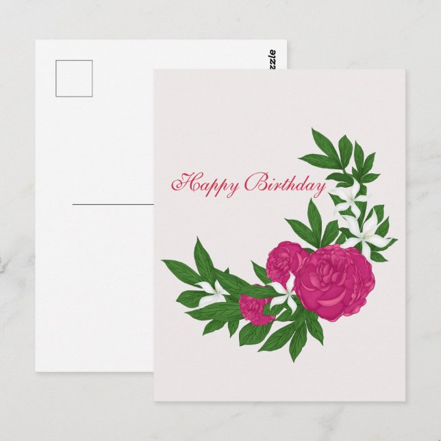 Pink Peonies and White Flowers for Birthday Postcard (Front/Back)