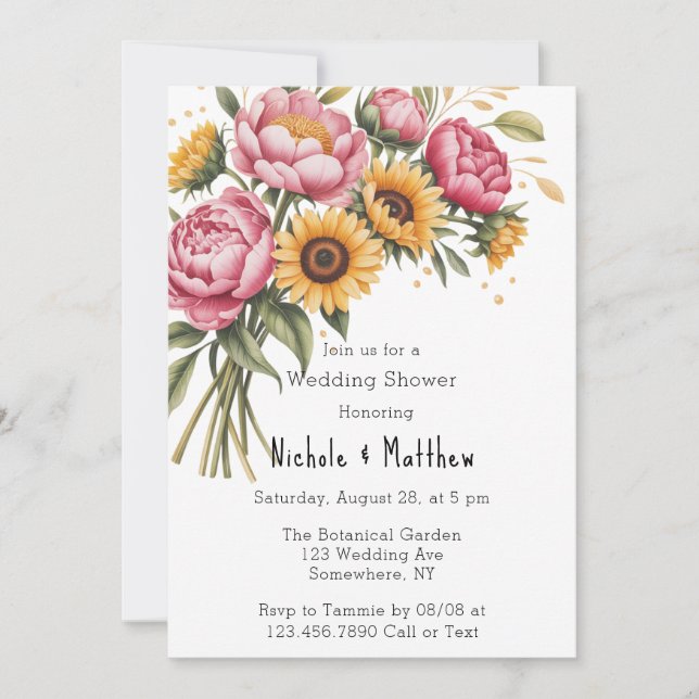Pink Peonies and Yellow Floral Wedding Shower Invitation (Front)
