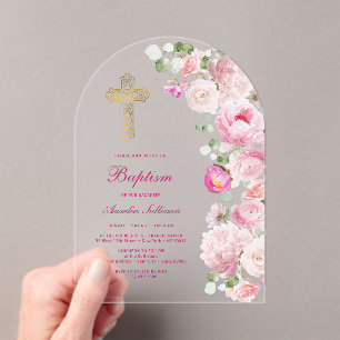 Pink Peonies Arch Baptism Acrylic Invitations