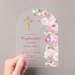 Pink Peonies Arch Confirmation Acrylic Invitations
