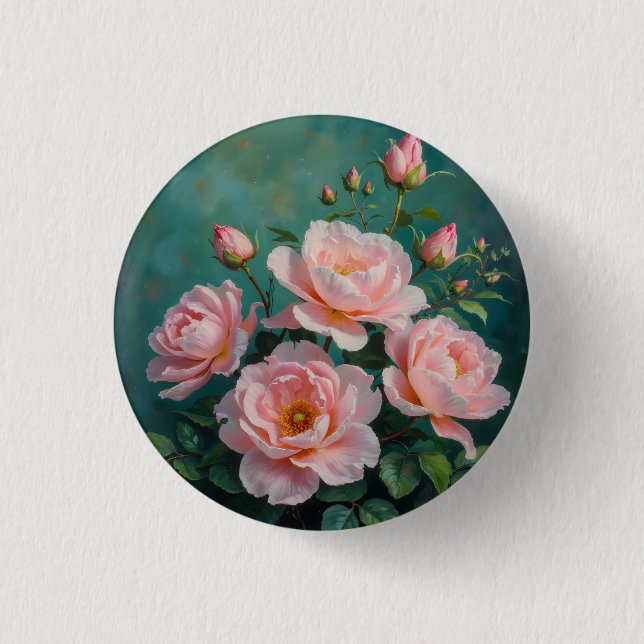 Pink Peonies Artwork on Emerald Green 3 Cm Round Badge (Front)