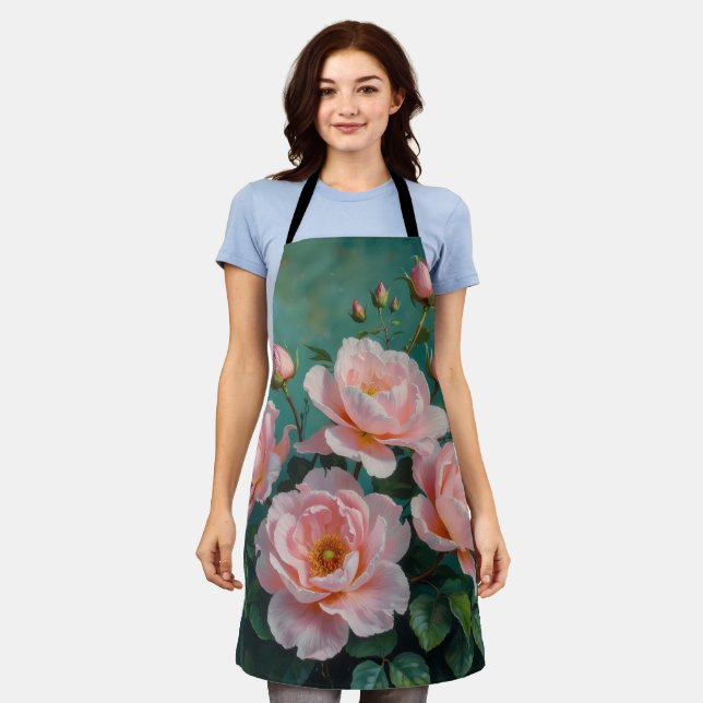 Pink Peonies Artwork on Emerald Green Apron (Worn)