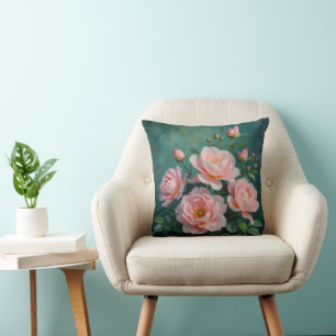 Pink Peonies Artwork on Emerald Green Cushion