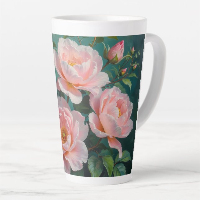 Pink Peonies Artwork on Emerald Green Latte Mug (Right Angle)