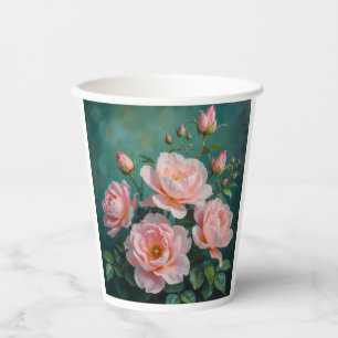 Pink Peonies Artwork on Emerald Green Paper Cups