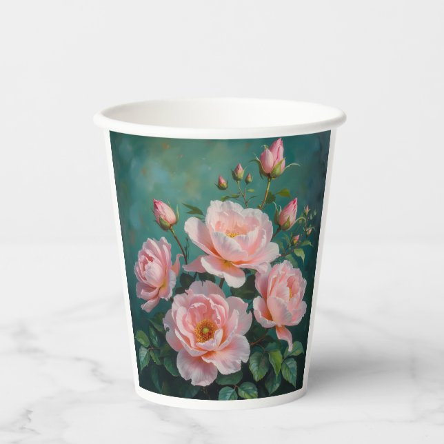 Pink Peonies Artwork on Emerald Green Paper Cups (Front)