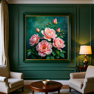 Pink Peonies Artwork on Emerald Green Poster