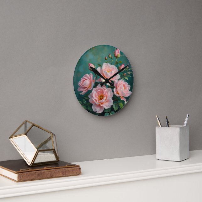 Pink Peonies Artwork on Emerald Green Round Clock (Office)