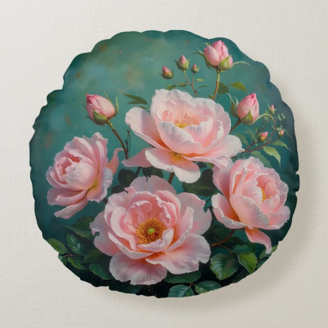 Pink Peonies Artwork on Emerald Green Round Cushion (Front)