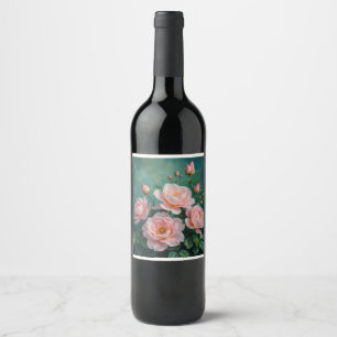 Pink Peonies Artwork on Emerald Green Wine Label
