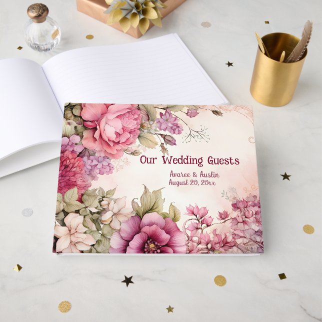 Pink Peonies Asters Floral Wedding Guest Book (Front Open)