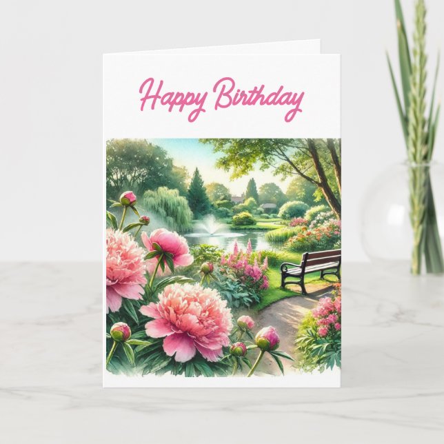 Pink Peonies at Park Happy Birthday Greeting  Card (Front)