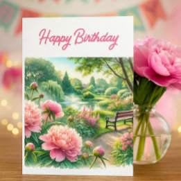 Pink Peonies at Park Happy Birthday Greeting  Card