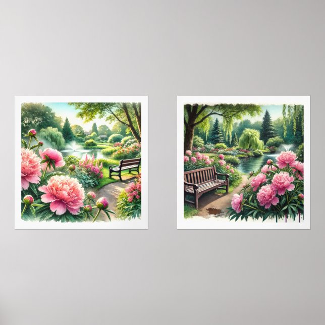 Pink Peonies at the Park Watercolor Print Set (Front)