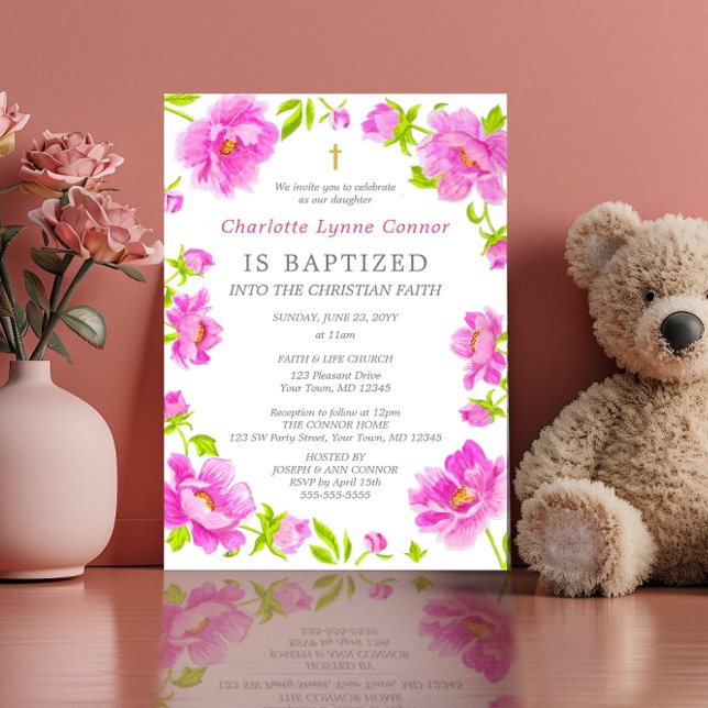 Pink Peonies Baptism Invitation (Creator Uploaded)
