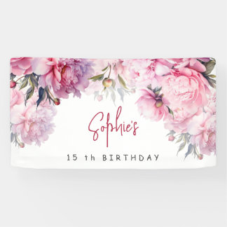 Pink peonies birthday party watercolor banner