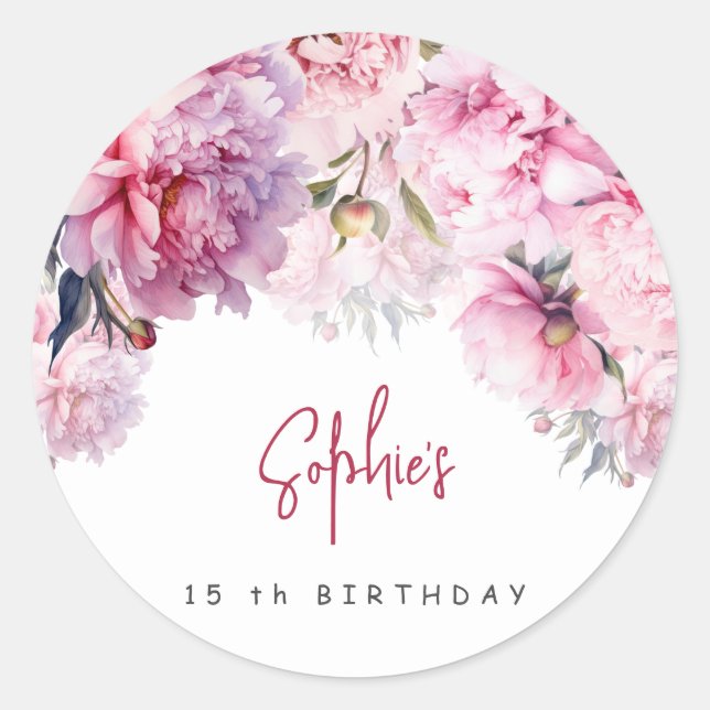 Pink peonies birthday party watercolor classic round sticker (Front)