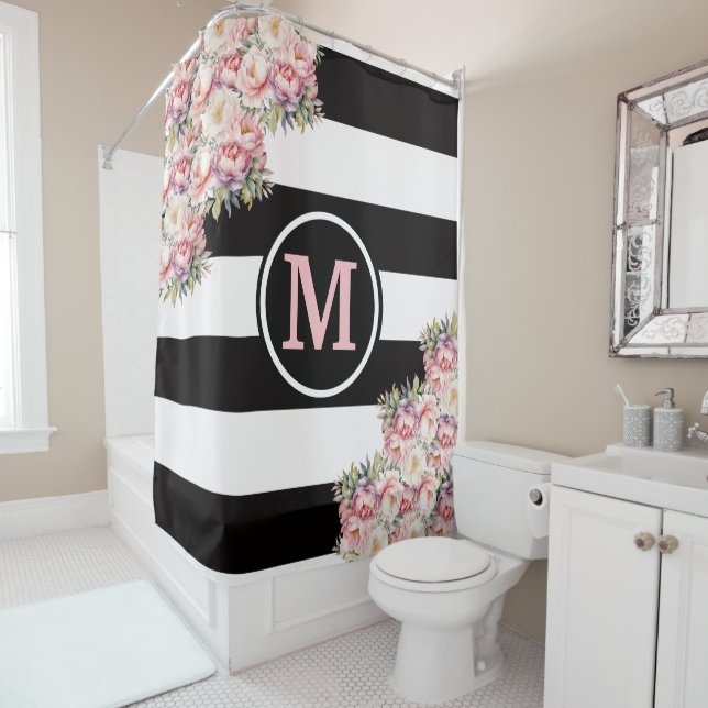 Pink Peonies Black and White Striped Monogram Shower Curtain (In Situ)