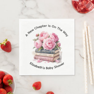 Pink Peonies & Books New Chapter Girl Baby Shower Napkin