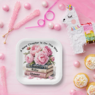 Pink Peonies & Books New Chapter Girl Baby Shower Paper Plate
