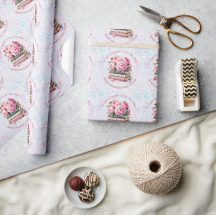 Pink Peonies & Books New Chapter Girl Baby Shower Wrapping Paper