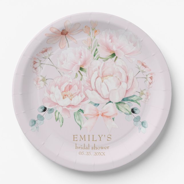 Pink Peonies  Bow Wildflower Garden Bridal Shower Paper Plate (Front)