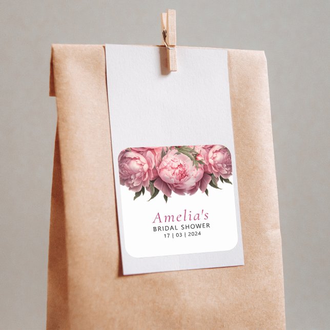 Pink Peonies Bridal Shower Square Sticker (Pink Peonies Watercolor Bridal Shower Square Sticker)