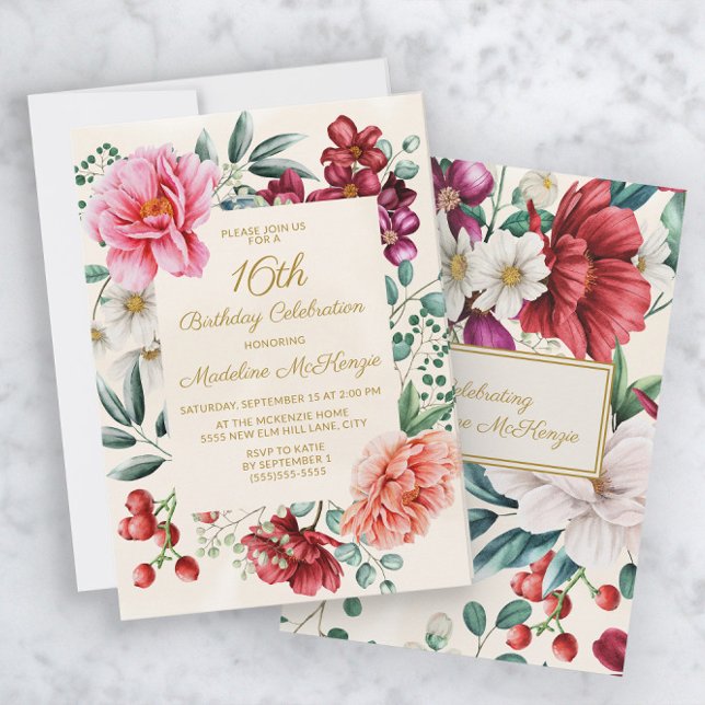 Pink Peonies Burgundy Floral Leaves 16th Birthday  Invitation (Creator Uploaded)